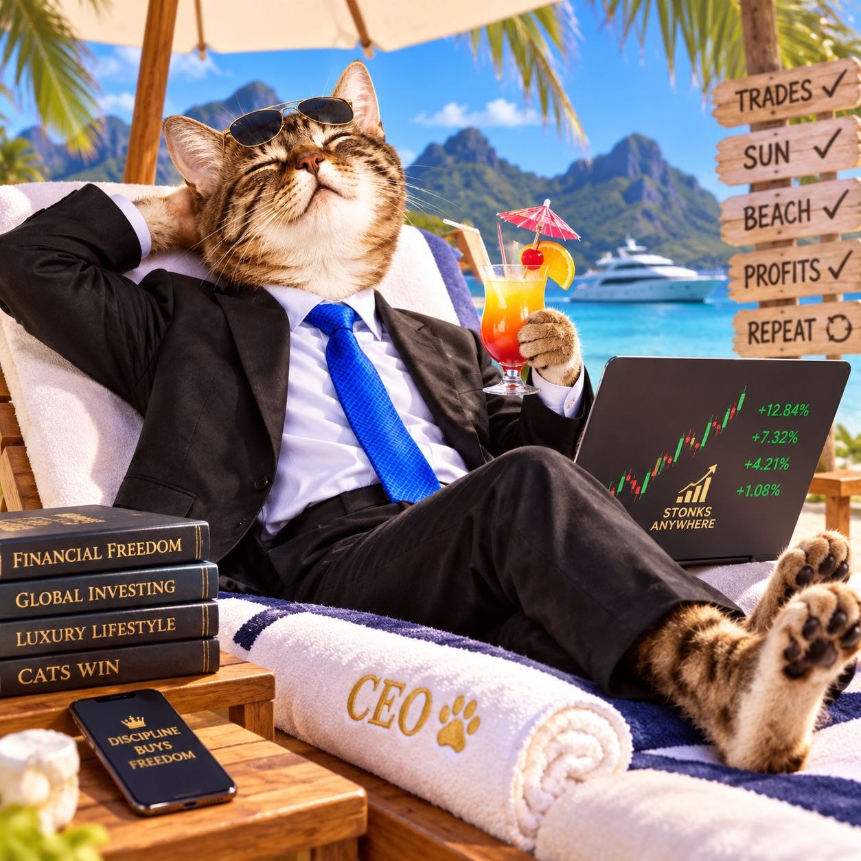 Business cat relaxing on a tropical beach trading stonks on a laptop
