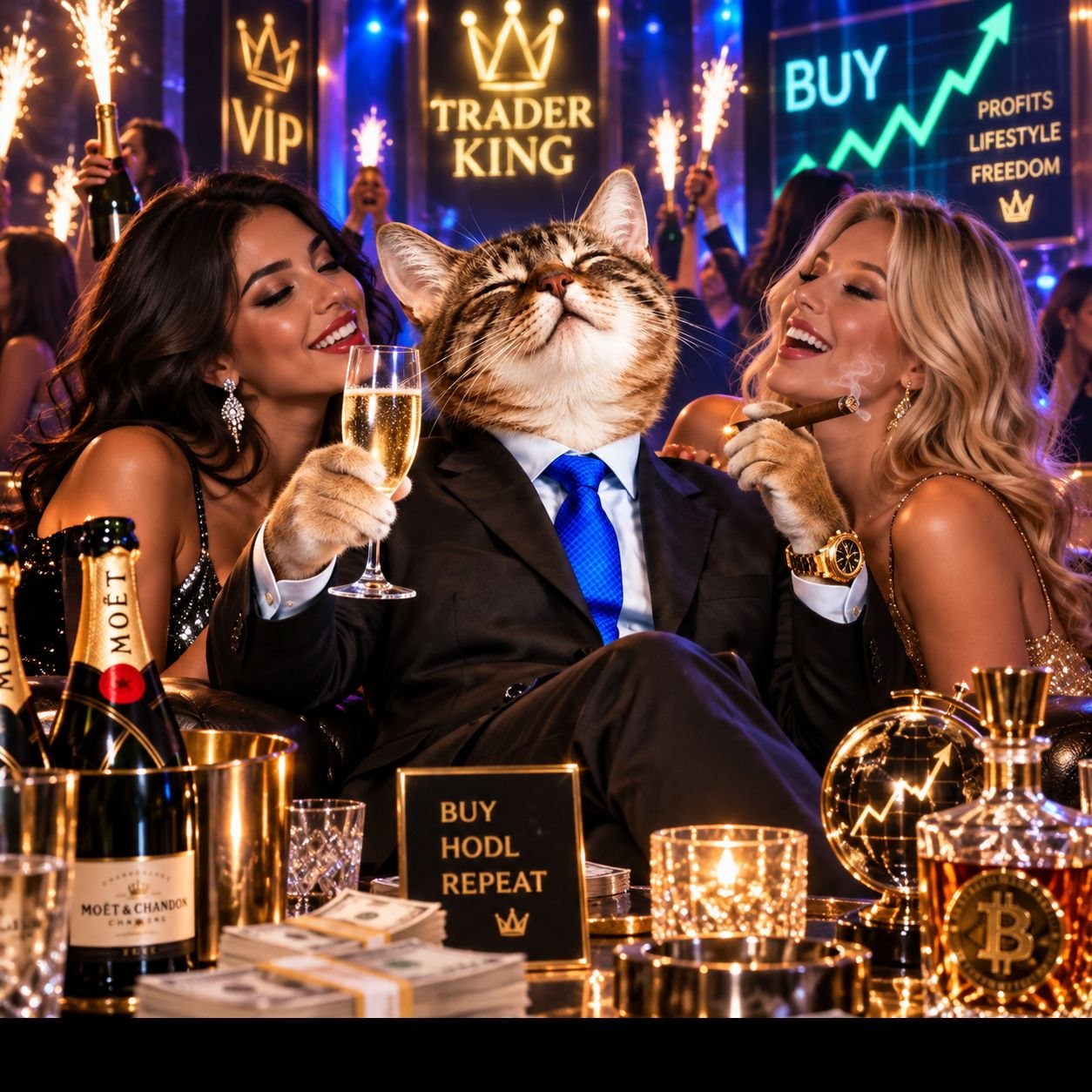 Business cat as Trader King in a VIP club surrounded by champagne