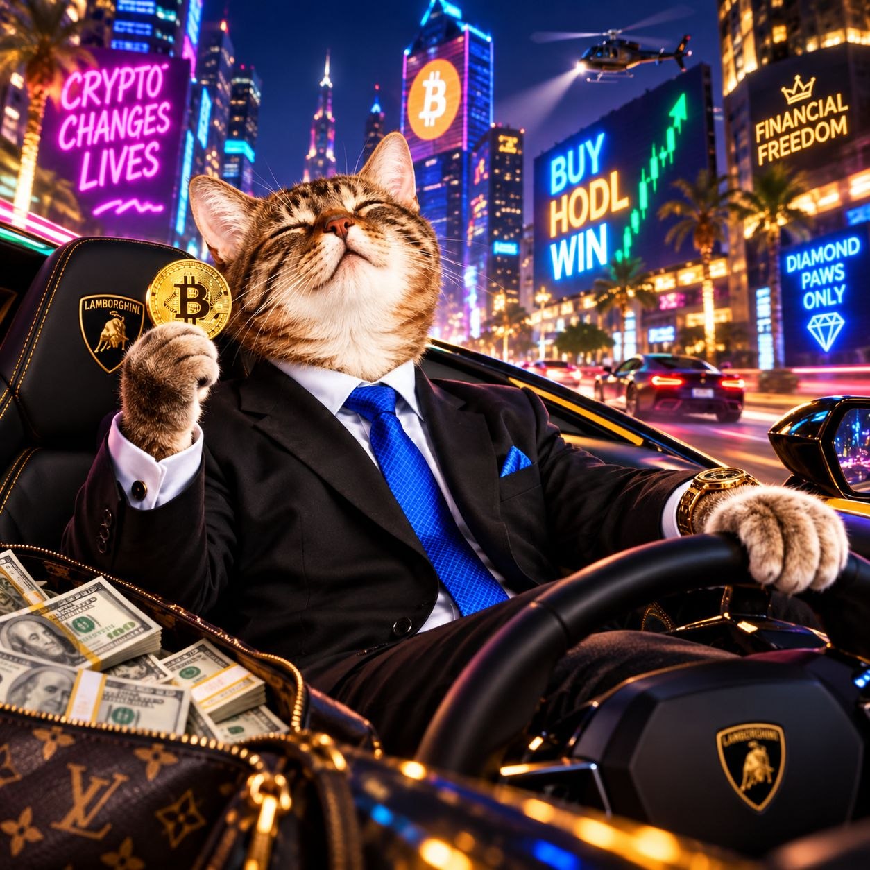 $stonkscate — a smug business cat holding a Bitcoin in a Lamborghini in a neon city