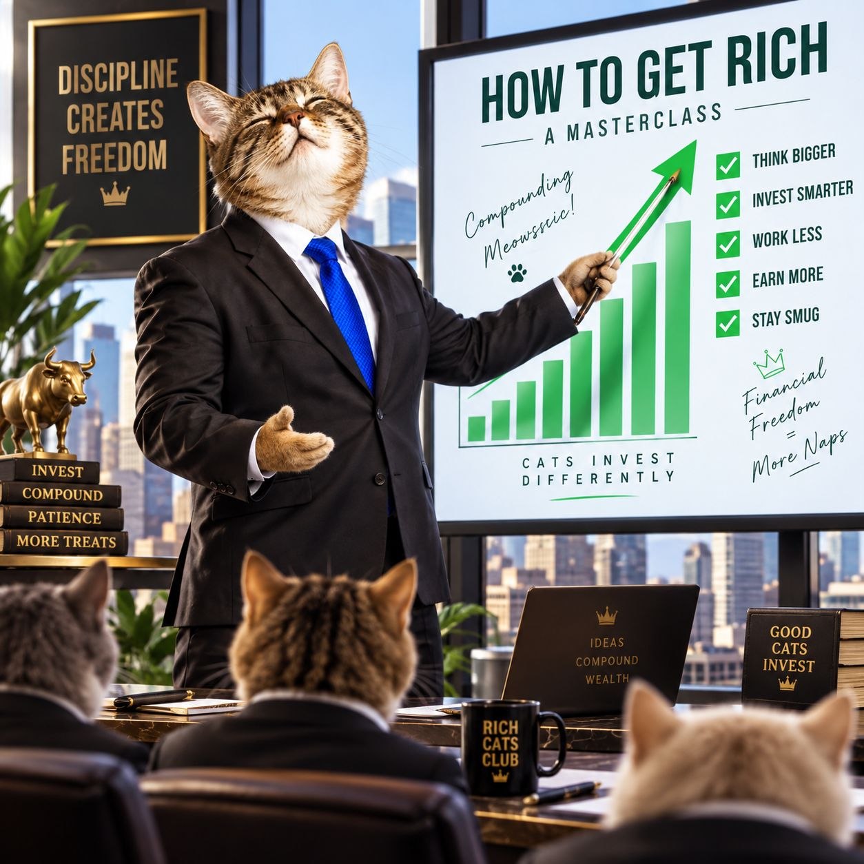 Business cat teaching a masterclass on how to get rich to a room of cats