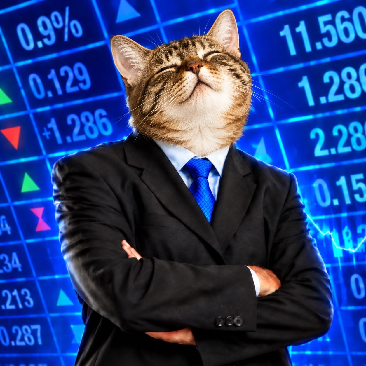 $stonkscate mascot standing confidently in front of a stock ticker board