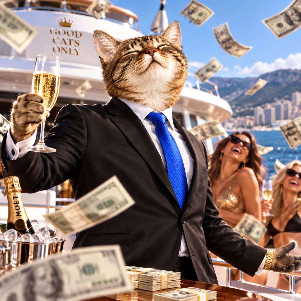 Business cat popping champagne on a luxury yacht as cash rains down